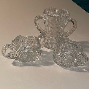 mini crystal pitcher, sugar bowl, vase set